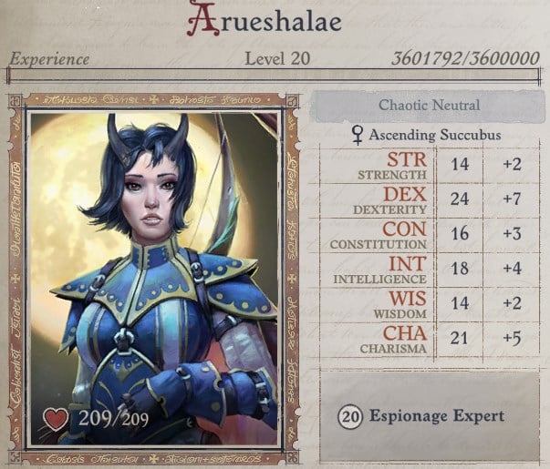 Arueshalae Attributes at Level 20 Arueshalae Pathfinder Wrath of the Righteous Build