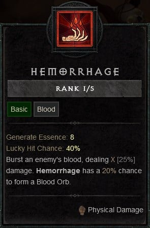 Diablo IV Build for the Blood Burst Necromancer - Hemorrhage Basic Skill to Burst an Enemy's Blood